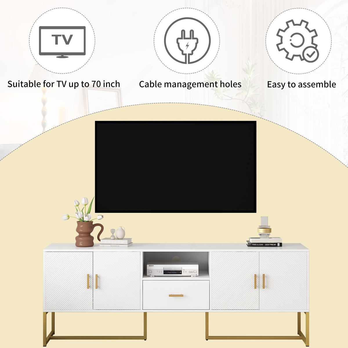 Roomfitters Modern TV Stand for up to 70 Inch TV, Media Cabinet with Drawer, Metal Legs and Safety Features, White Roomfitters