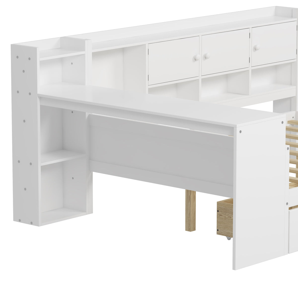 Roomfitters Wooden L-Shape Daybed with Storage Cabinets, Study Desk, Built-In Bookshelf, Space-Saving Platform Bed, White