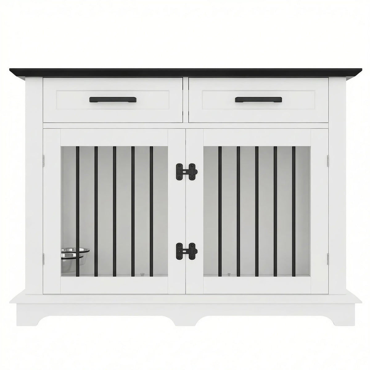 variant-group:rf-n704p379112k|Roomfitters 44-Inch Decorative Dog Crate Furniture Indoor Wooden Kennel End Table with 360 Rotating Bowls White and Black
