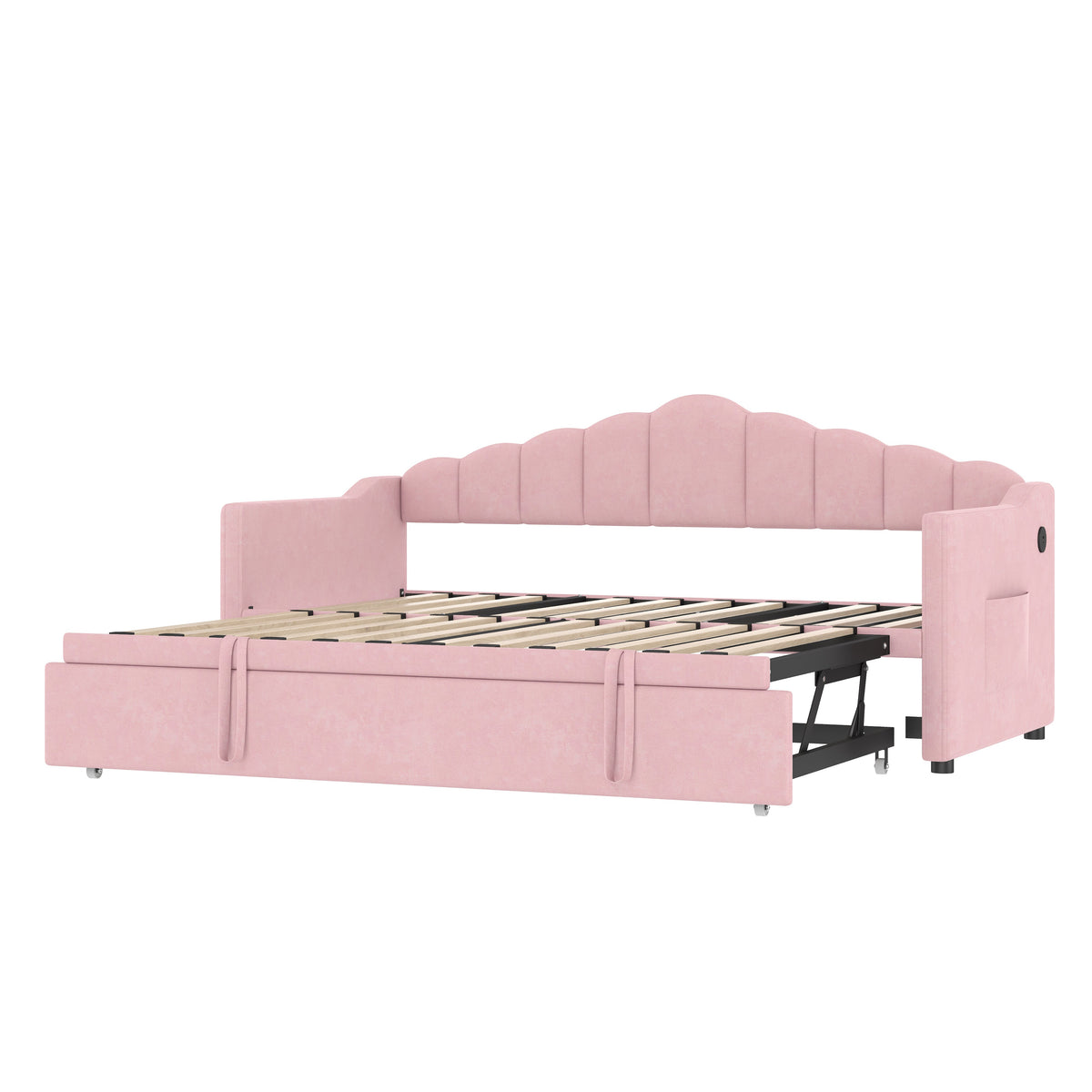 Roomfitters Upholstered Twin Size Daybed with Adjustable Pop-Up Trundle, Sofa Bed with USB & Type-C Ports and Side Pockets, Pink