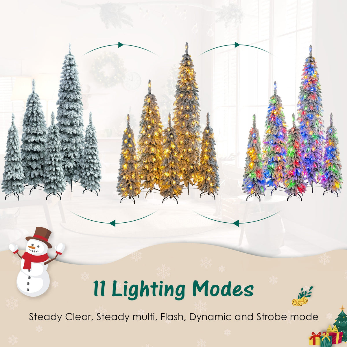 Roomfitters Pre-Lit Pencil Christmas Tree Set 8FT 6FT 4FT, 5-Pack Slim Snow-Flocked Artificial Trees with 1820 Tips, White Roomfitters