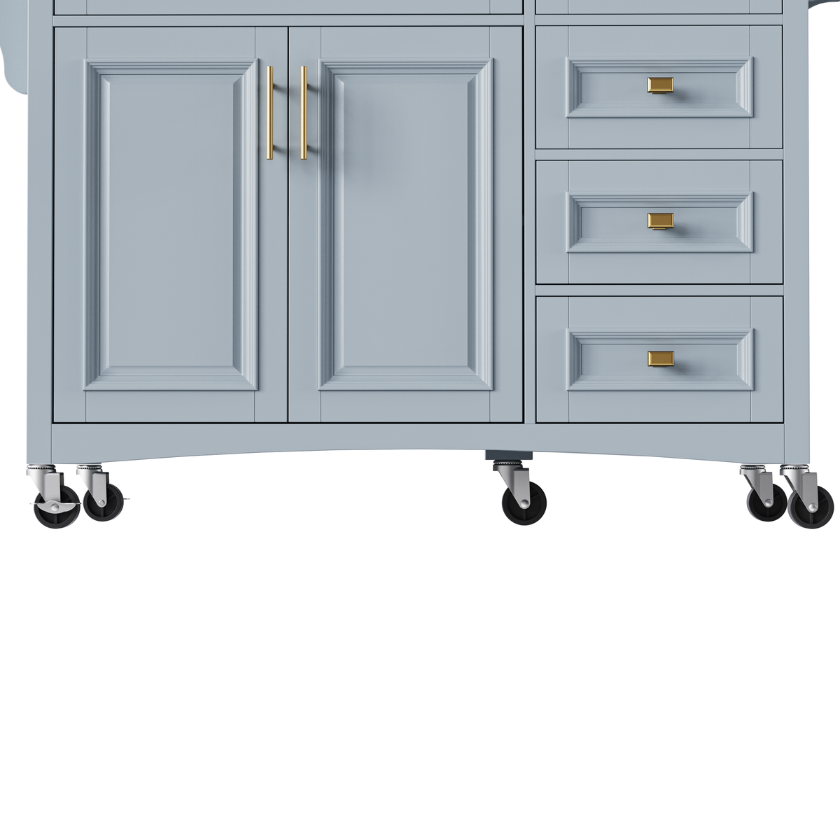 Roomfitters 52" Kitchen Island with Wood Top, 5 Storage Drawers and Cabinet, Mobile Cart with Gold Hardware, Blue-Grey