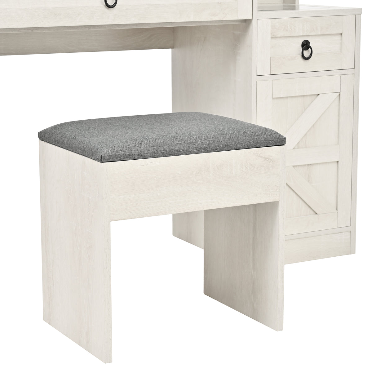 variant-group:rf-n733p340562k|Roomfitters Farmhouse Vanity Desk with Sliding Mirror & Lights, Glass Top, Charging Station, 4 Drawers, 2 Cabinets, Stool, White
