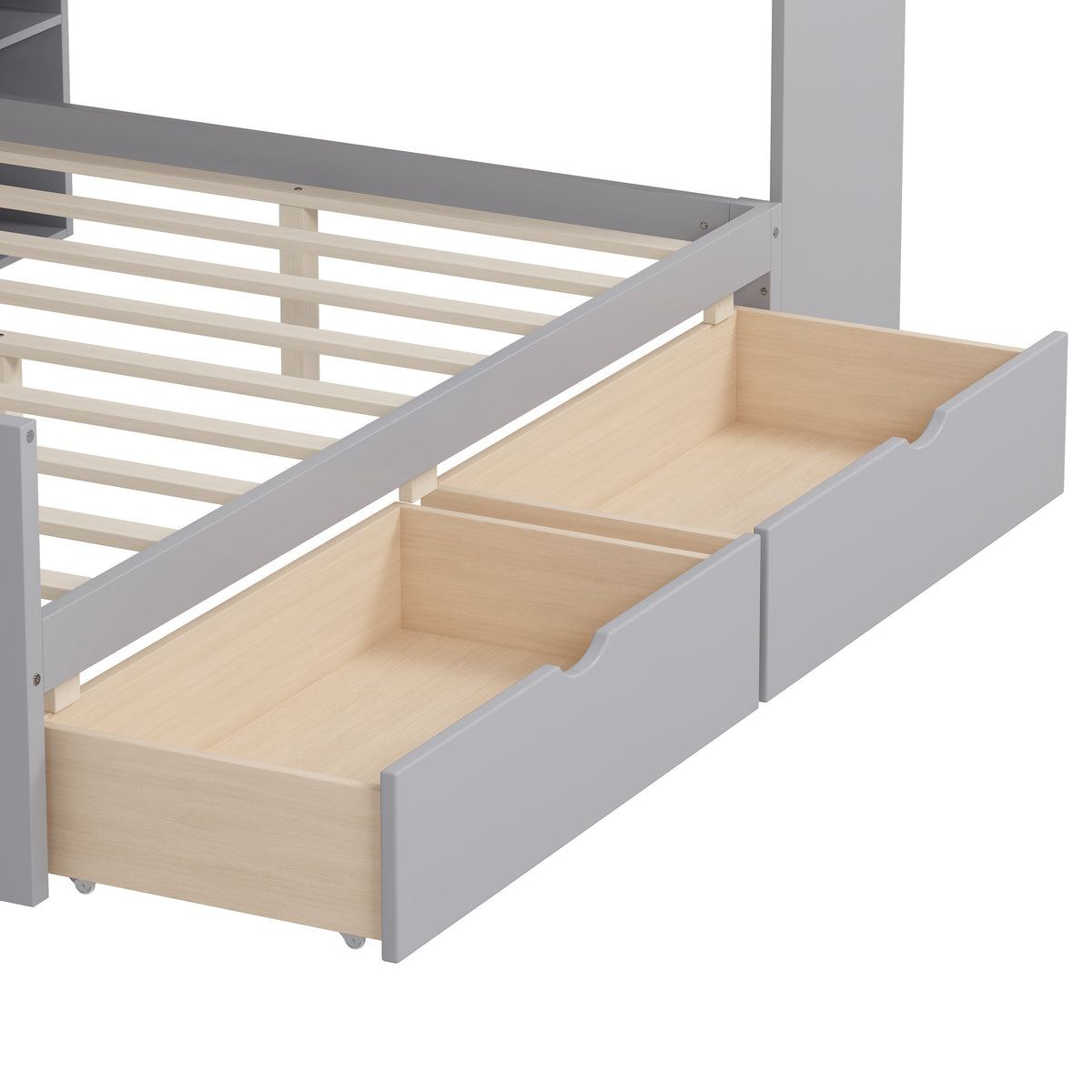 Roomfitters Wooden L-Shape Daybed with Storage Cabinets, Study Desk, Built-In Bookshelf, Space-Saving Platform Bed, Gray