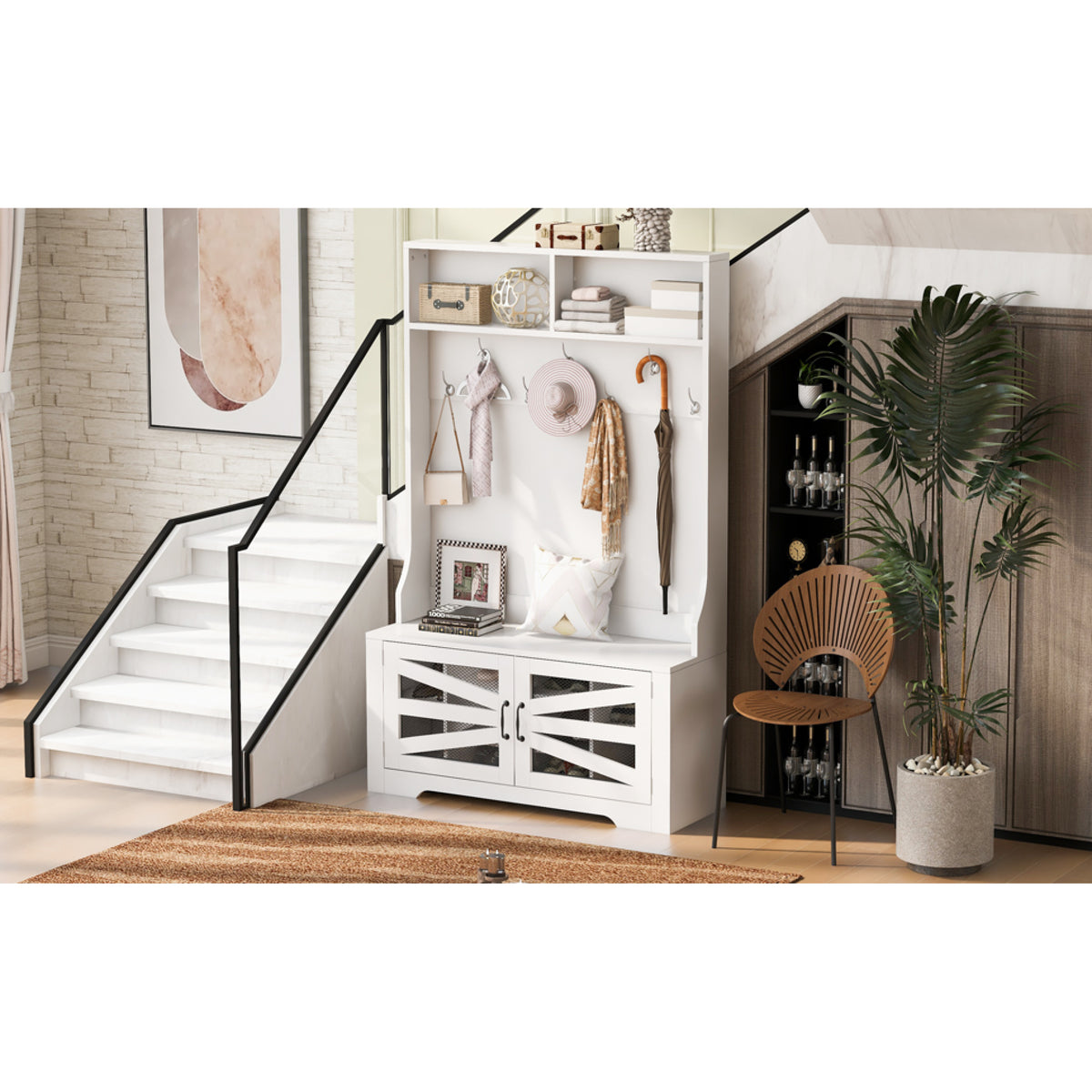 variant-group:rf-n724p264668k|Roomfitters 3-in-1 Entryway Bench with Coat Rack, Adjustable Shelves and 7 Hooks, 43.3" Hall Tree for Entrance or Living Room, White