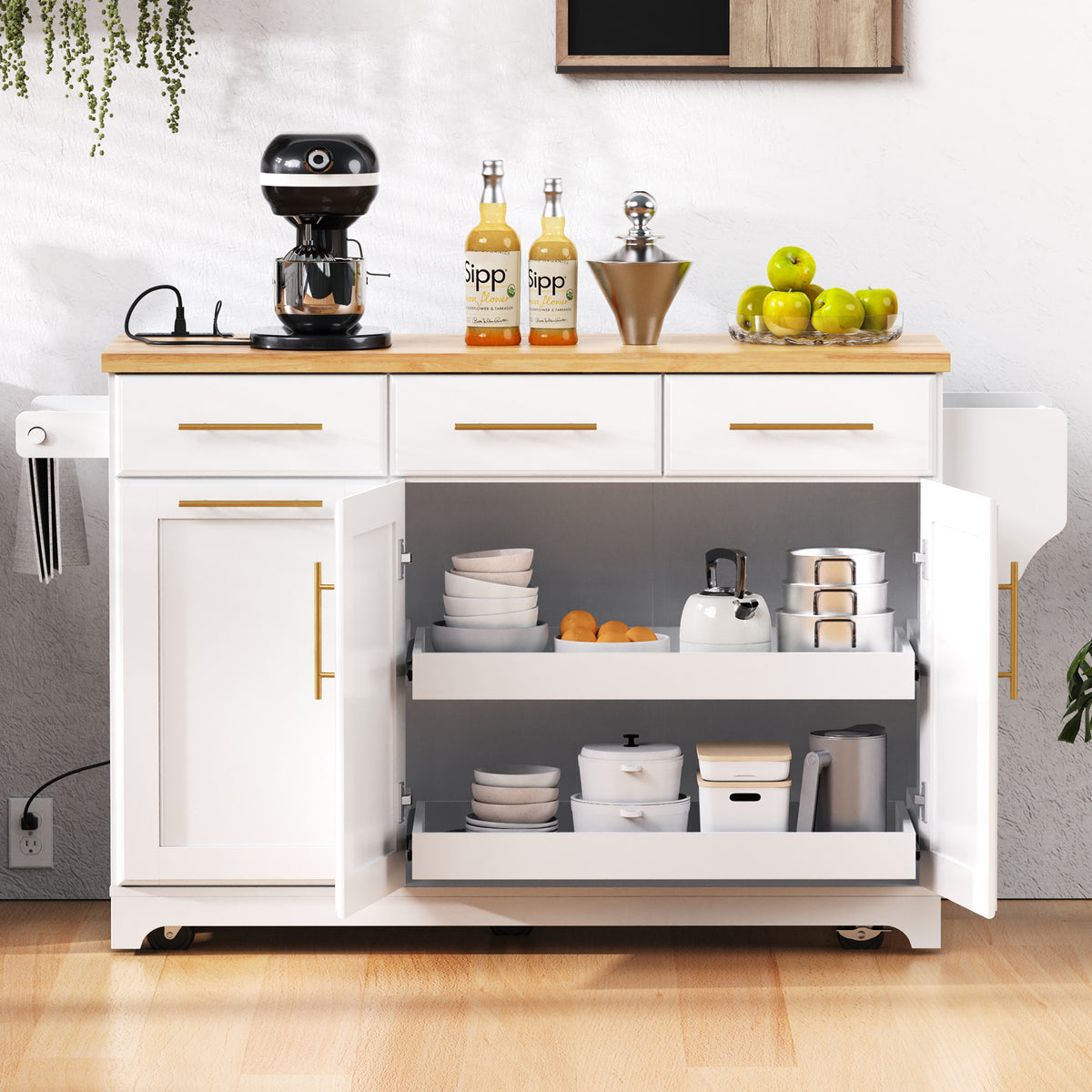 variant-group:rf-n707s299014w|Roomfitters 59.3" Kitchen Island with Power Outlet, Drop Leaf and Double Trash Can Pull Out, Rolling Cart, White