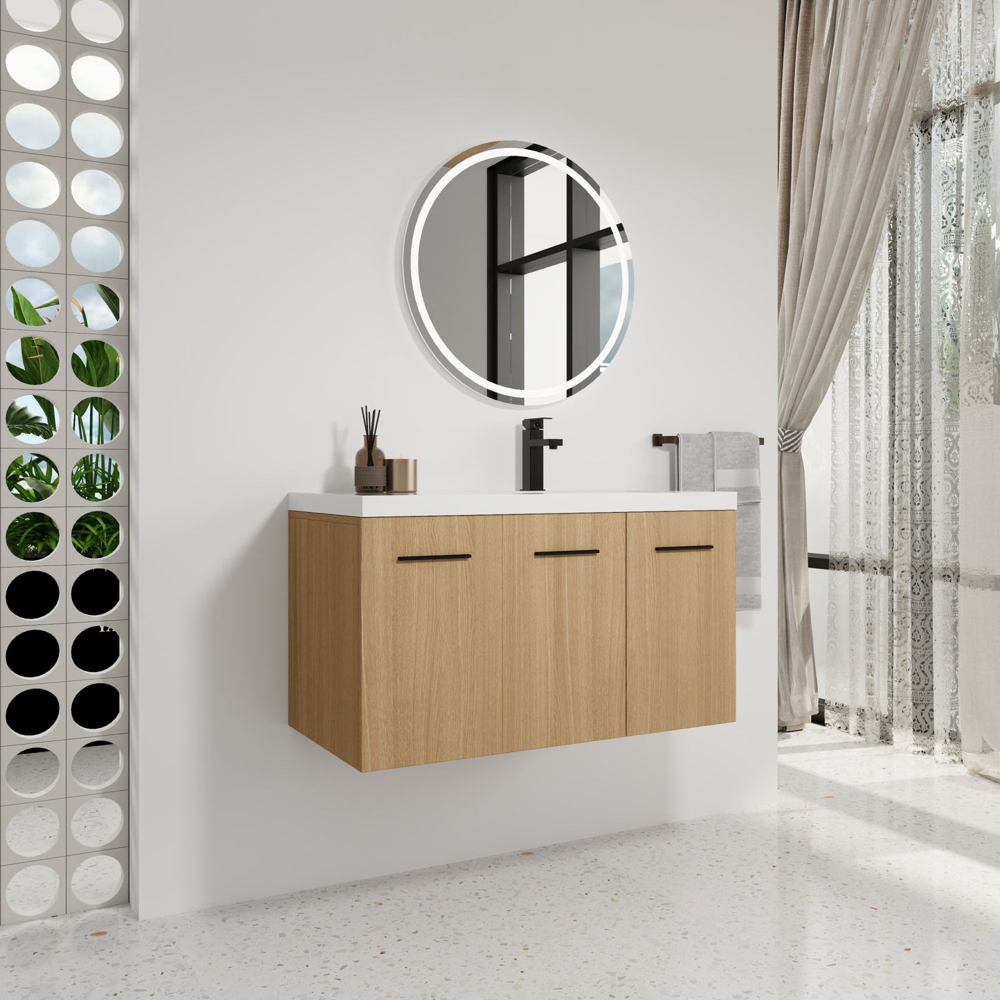 36" Wall-Mounted Floating Bathroom Vanity with Sink, Light Oak, 3-Door Modular Cabinet (2-Door + 1-Door), Gel Coat Integrated Sink Top, 3 Boxes, Ready-to-Assemble Roomfitters