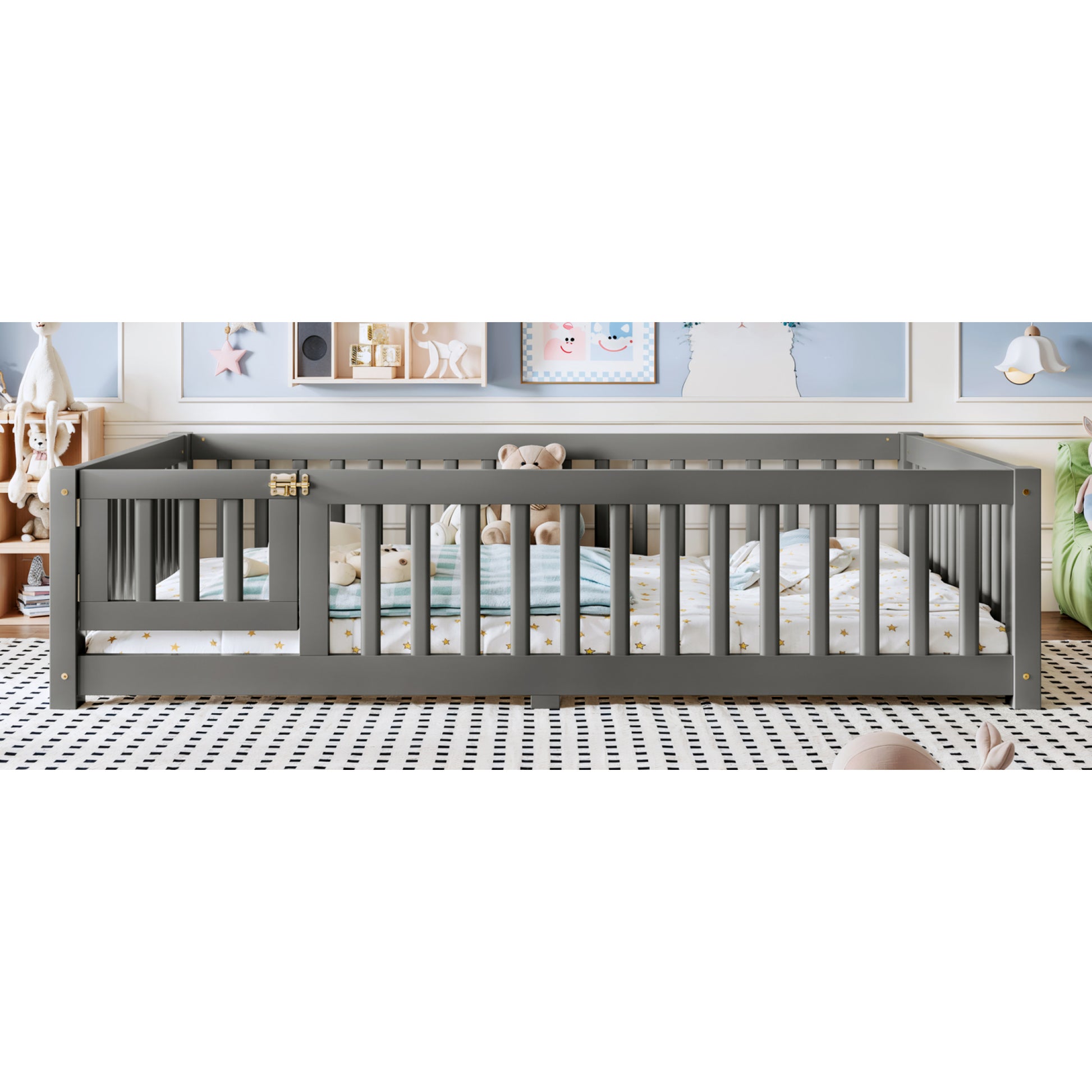 variant-group:rf-w1580p462318|Roomfitters Full Size Wooden Floor Bed Frame with Safety Guardrails Door, Solid Wood Low Profile Toddler Play Bed, Gray