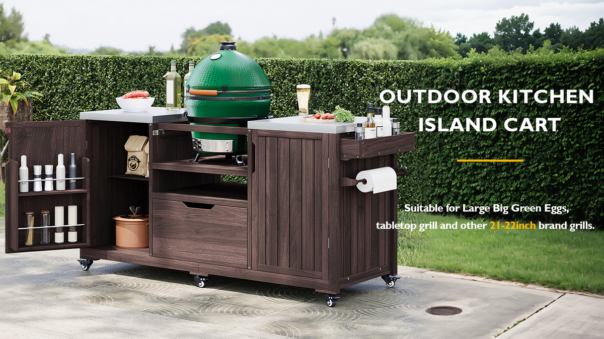variant-group:rf-n707p250629z|Roomfitters 66.5" Outdoor Kitchen Island for Big Kamado Grills, Wood Grill Cart with Stainless Steel Top, Storage, Dark Brown