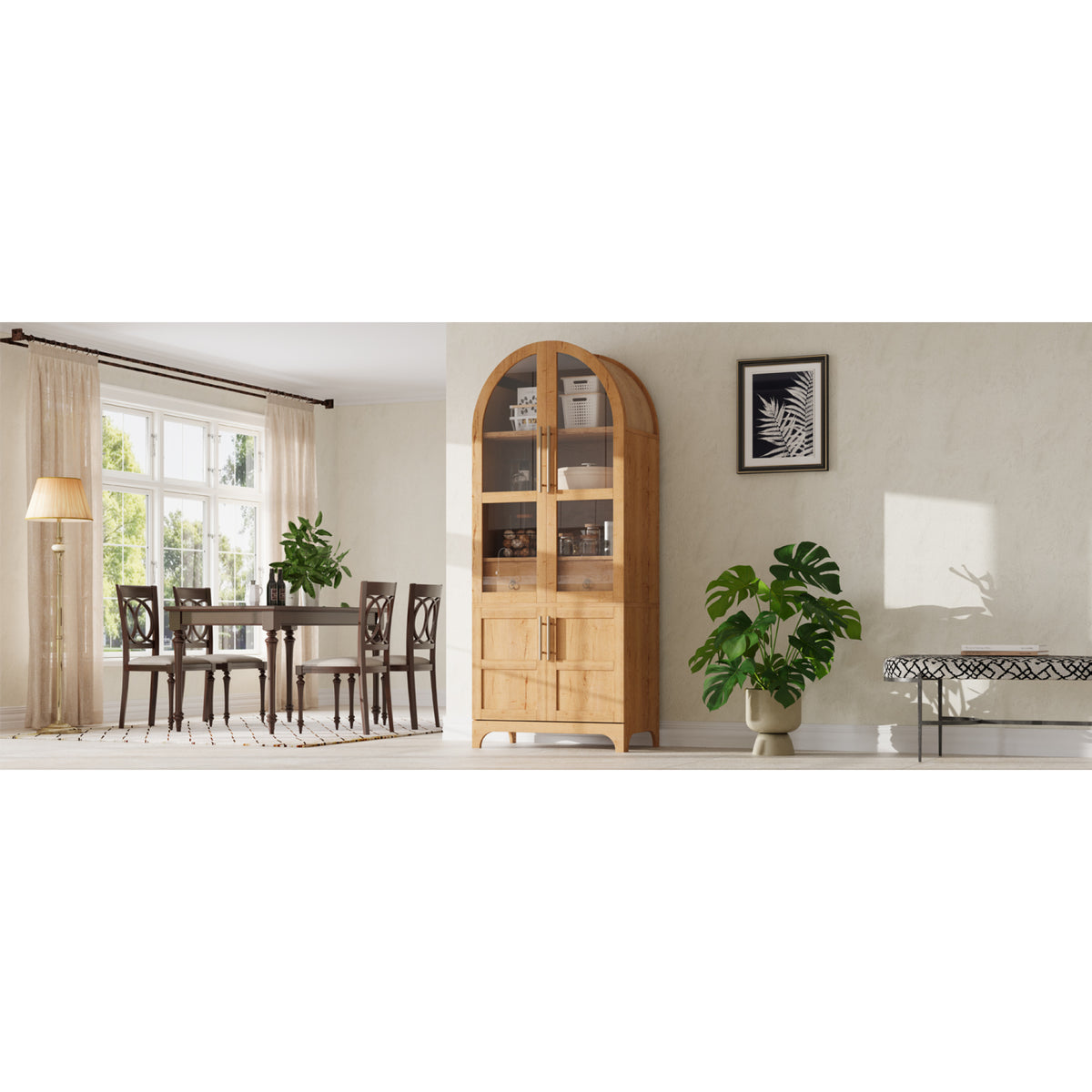 variant-group:rf-n707s288969y|Roomfitters 71" Pantry Cabinet with Arched Top & Glass Doors, 4-Door Storage Hutch with Adjustable Shelves for Kitchen, Natural