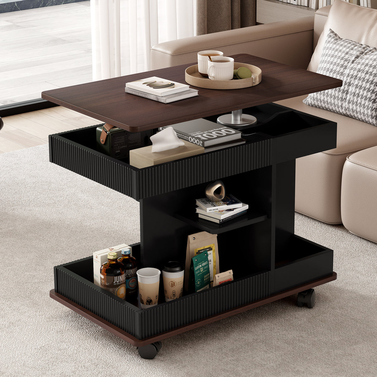 variant-group:rf-n724p292505b|Roomfitters Adjustable Sofa Side Table with Lift-Top, Rotating Surface and Storage on Wheels for Small Spaces, Black