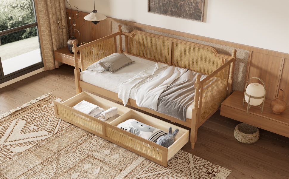 variant-group:rf-n701bs701p415472d|Roomfitters Twin Size Traditional Rattan Daybed Frame with 2 Storage Drawers, French Country Wood Bed, No Box Spring, Walnut