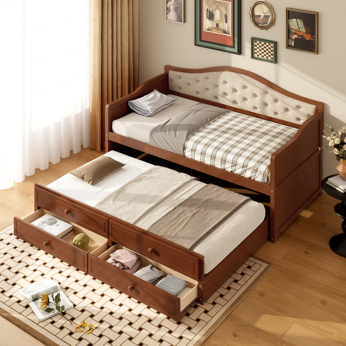 variant-group:rf-n733s346767d|Roomfitters Twin Daybed with Trundle, Wooden Sofa Bed with 2 Storage Drawers & Tufted Backrest, Walnut