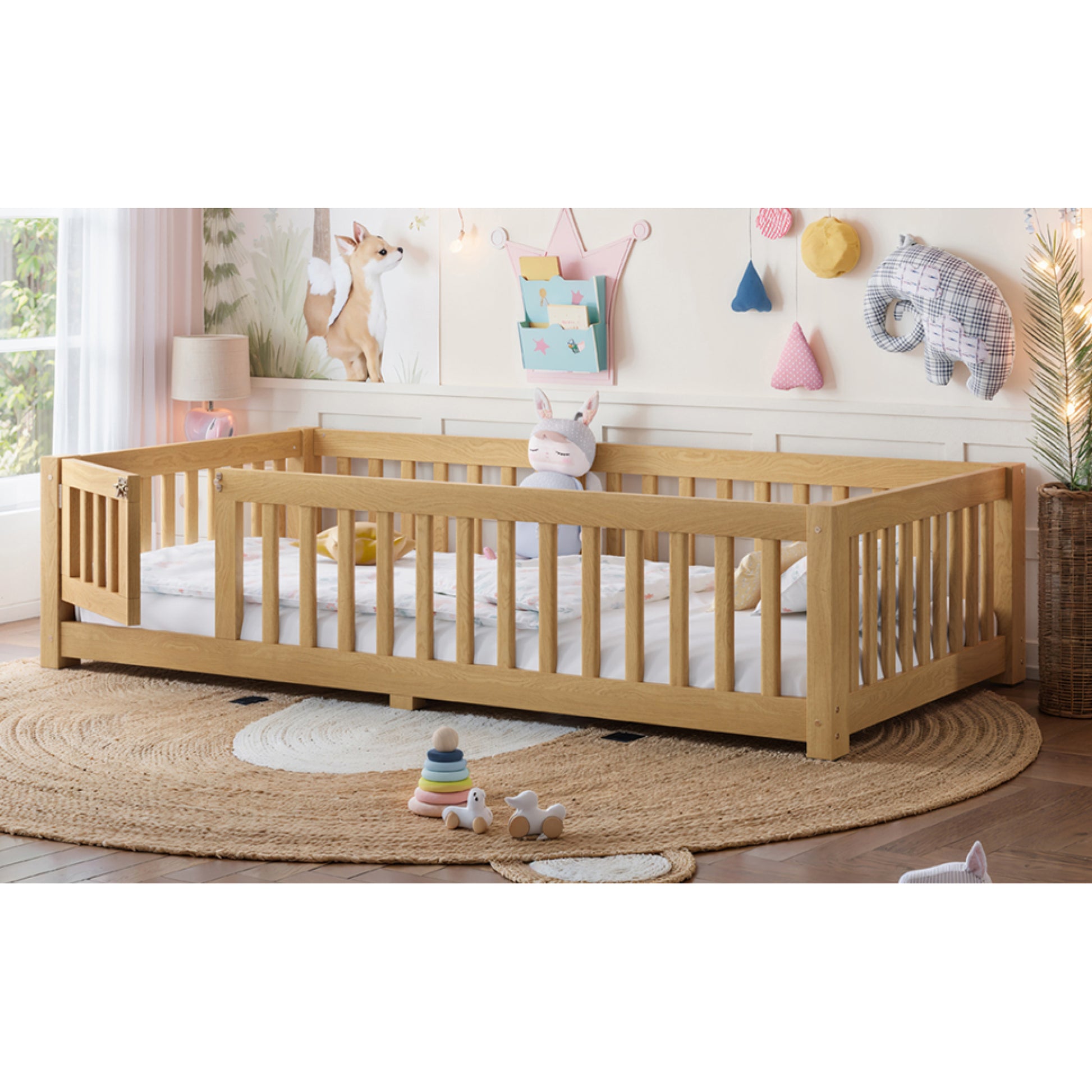 variant-group:rf-w1580p462314|Roomfitters Twin Size Wooden Floor Bed Frame with Safety Guardrails Door, Solid Wood Low Profile Toddler Play Bed, Natural