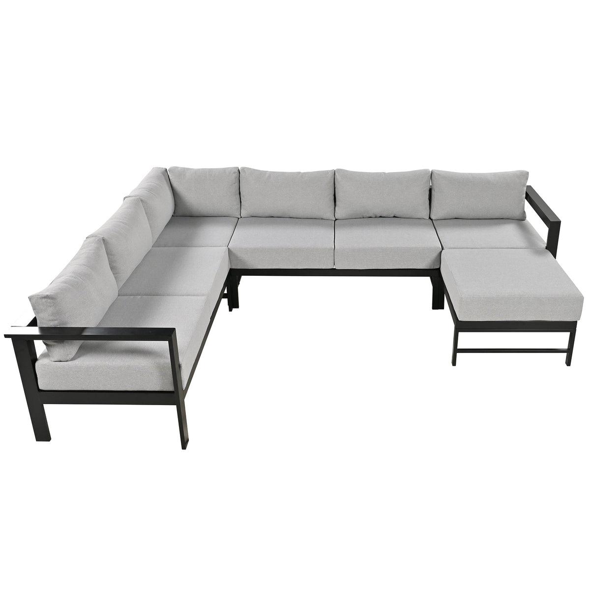 Roomfitters Modern U-Shaped Outdoor Sectional Sofa Set, 5-6 Seat Patio Conversation, Grey Cushions, Iron Frame Pit Roomfitters