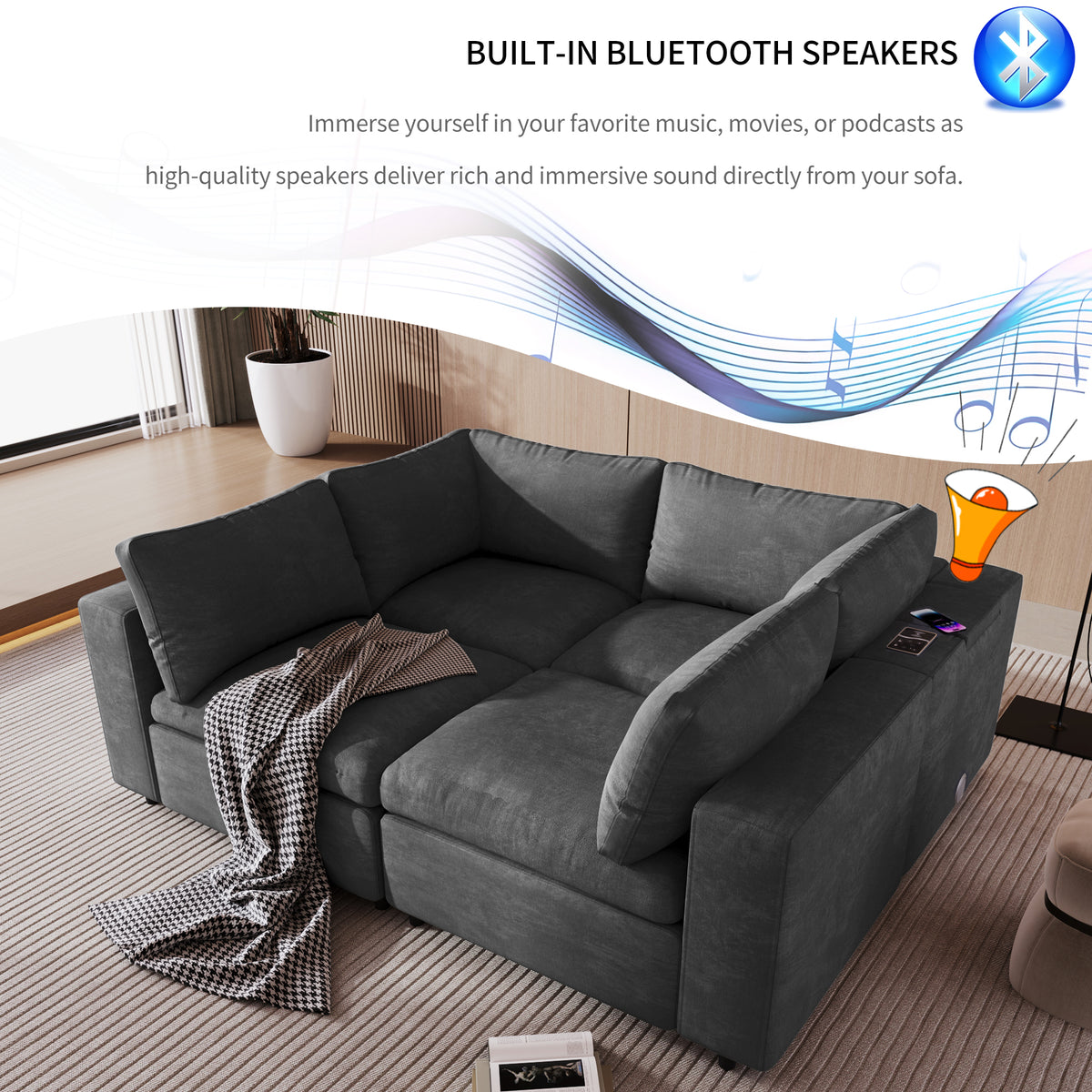 variant-group:rf-n711wy000413aae|Roomfitters Upholstered Modular Sofa with Storage Space, USB Charging Ports, Wireless Charging, Built-in Bluetooth Speaker, Sectional Sofa for Living Room and Apartment, Gray