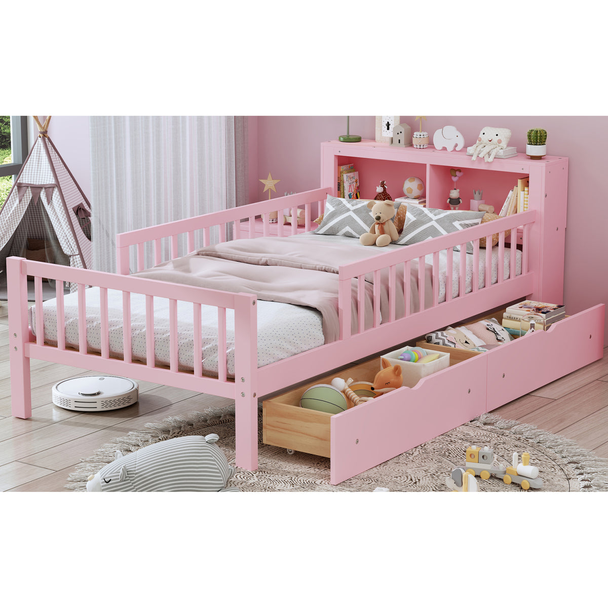 variant-group:rf-n733p272374h|Roomfitters Twin Bed with Headboard Storage Rack, Under-Bed Storage and Three-Side Guardrails, Pink