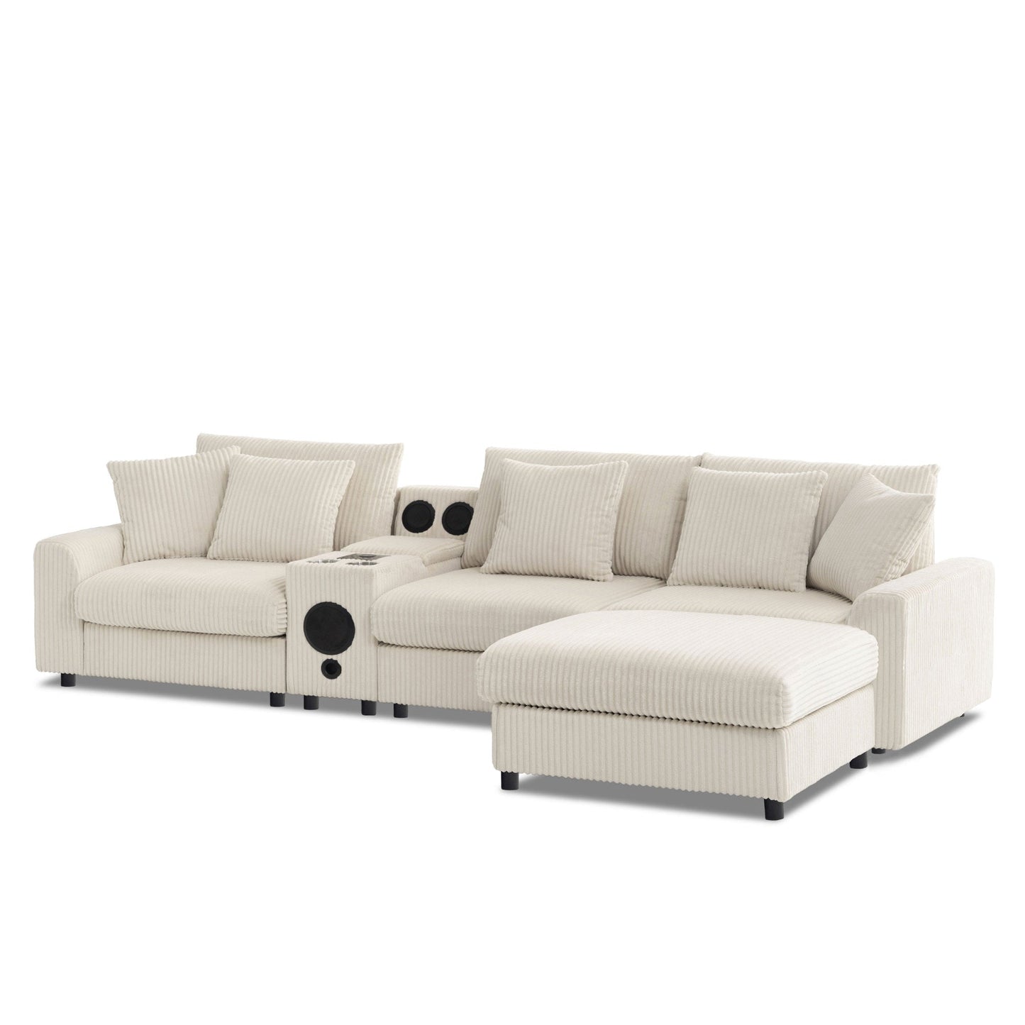 Roomfitters 112 Inch L-Shaped Modular Sectional Sofa with Bluetooth Speaker, Console and Cup Holders for Home, Cream Roomfitters