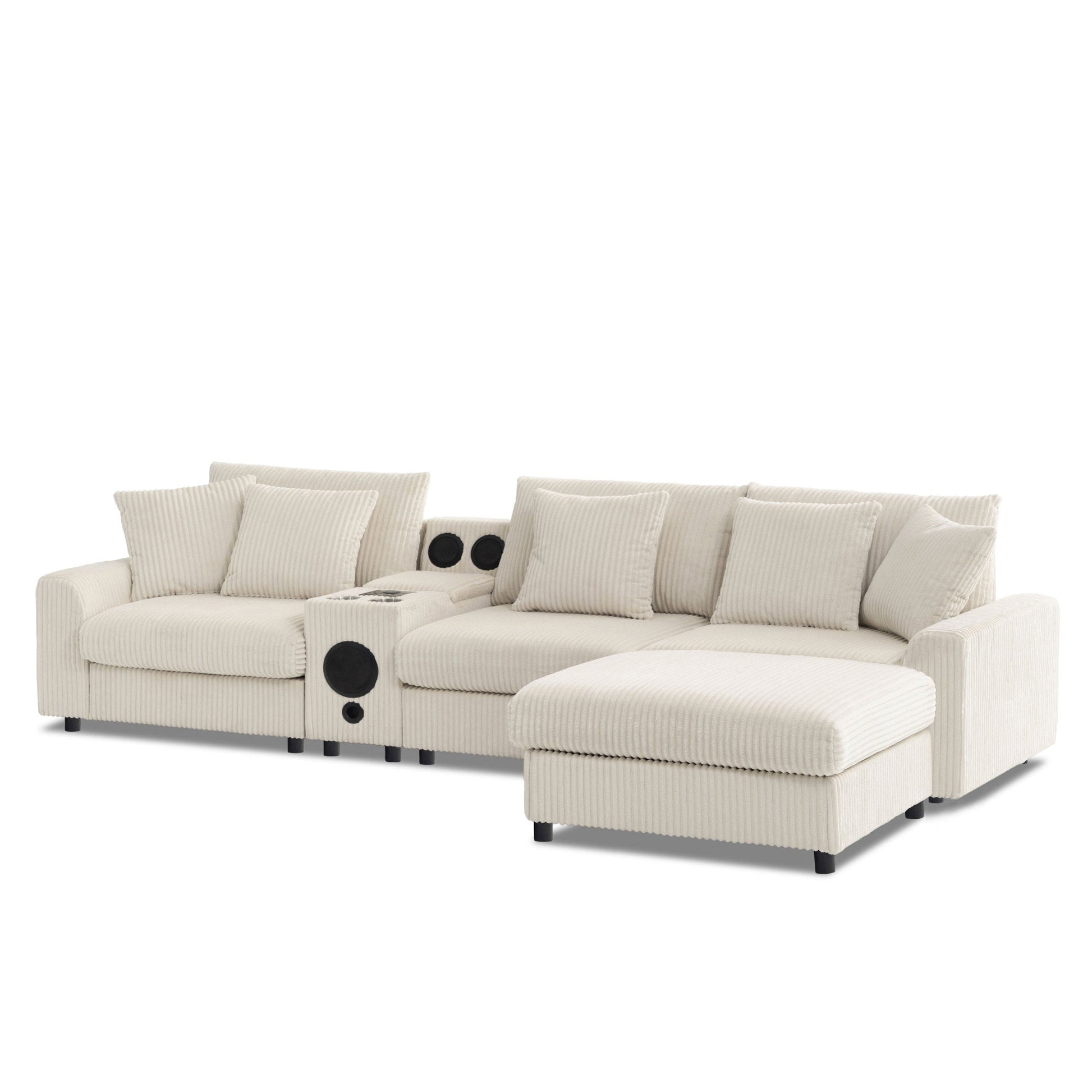 Roomfitters 112 Inch L-Shaped Modular Sectional Sofa with Bluetooth Speaker, Console and Cup Holders for Home, Cream Roomfitters
