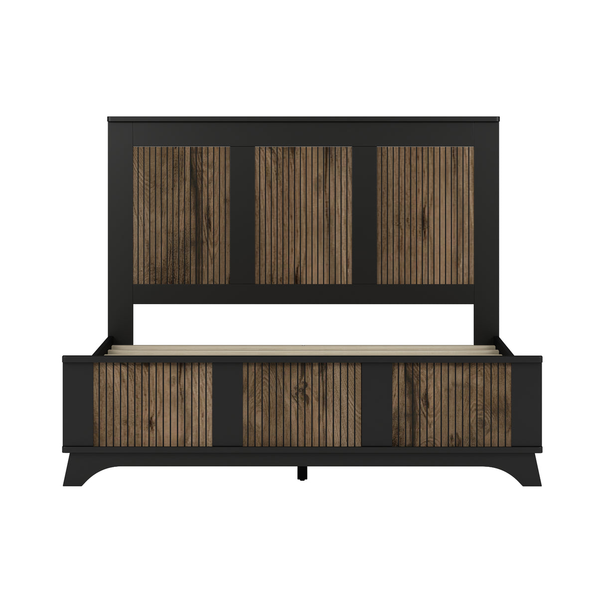variant-group:rf-n733wf530906aab|Roomfitters Farmhouse Wooden Platform Queen Size Bed, Modern Platform Bed with Wooden Strip Stickers Decoration, Plywood Slats Support, Black