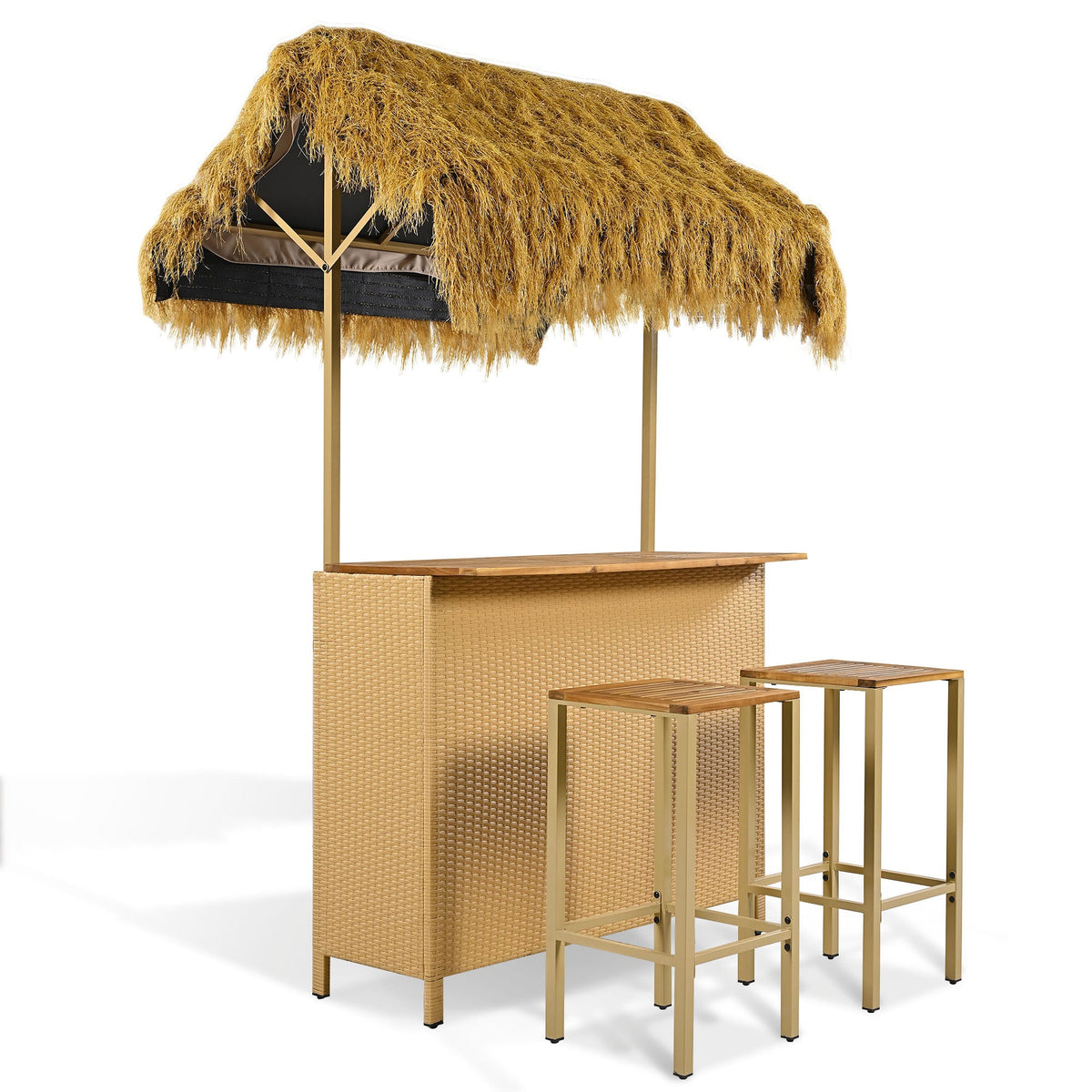 Roomfitters Bar Height Patio Set with PE Grass Canopy, Outdoor Bar Table and Stools, Hawaiian-style Acacia Wood Top, Natural Roomfitters