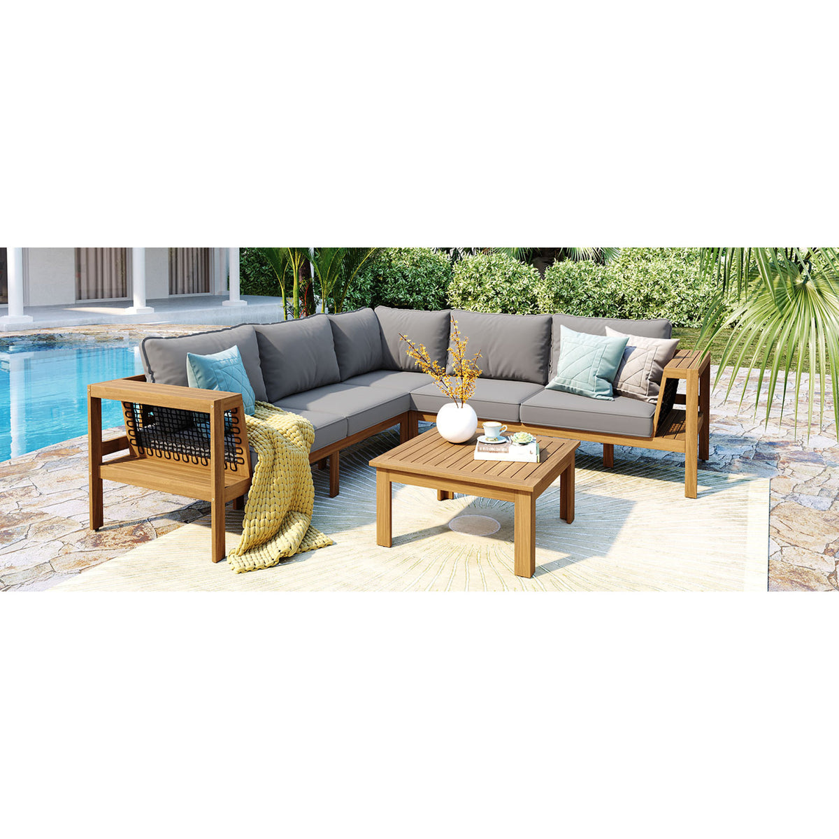 variant-group:rf-n704f201249e|Roomfitters 4-Piece Outdoor Sectional Sofa Set with Coffee Table and Built-in Side Shelves, Wood Frame, Gray+Natural