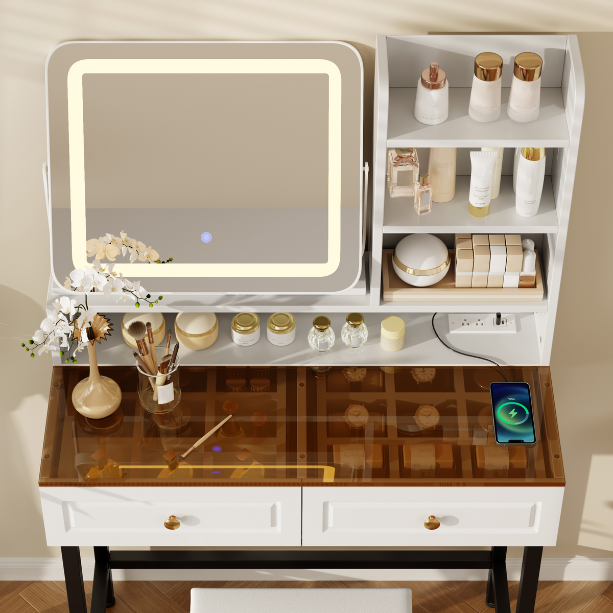 Roomfitters Makeup Vanity with LED Lighted Mirror, Glass Top, Charging Station and Storage Hutch, Vanity Table Set, Black+White Roomfitters