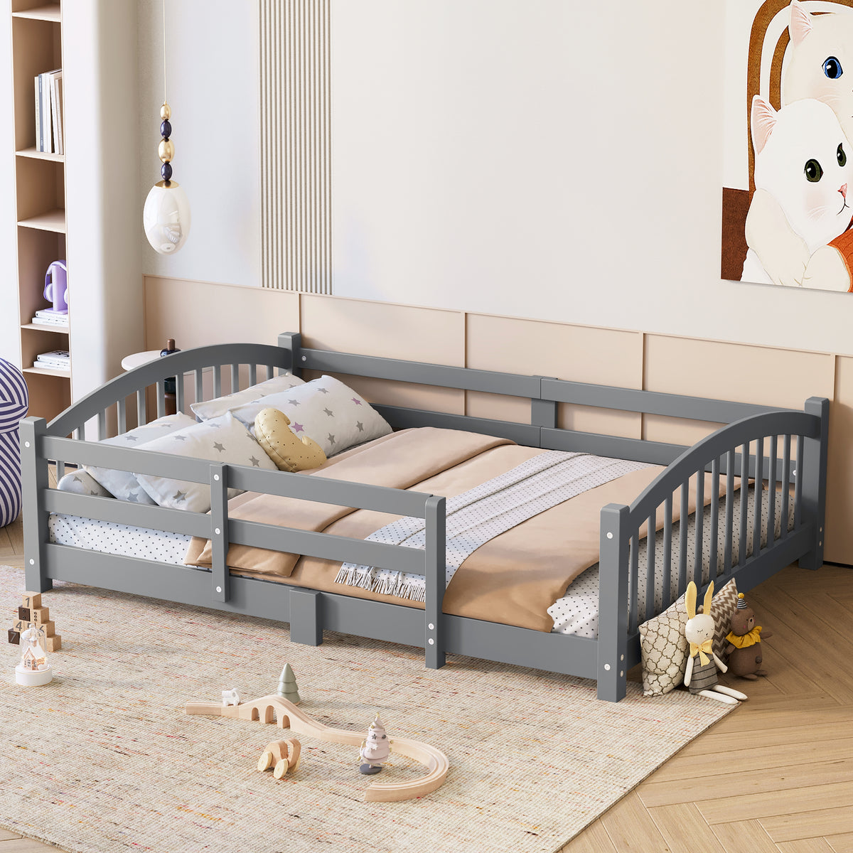 variant-group:rf-n733p400299e|Roomfitters Full Montessori Floor Bed with Guardrails, Solid Wood Low Platform Bed with Slats, Easy Assembly, Gray