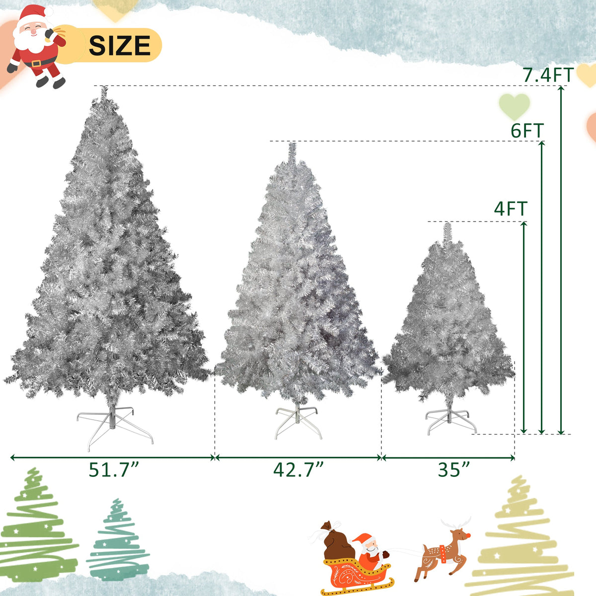 Roomfitters Pre-Lit Artificial Christmas Tree Set 4FT 6FT 7.4FT, Holiday Trees with Metal Stands, Warm Lights, 2400 Tips, Silver Roomfitters