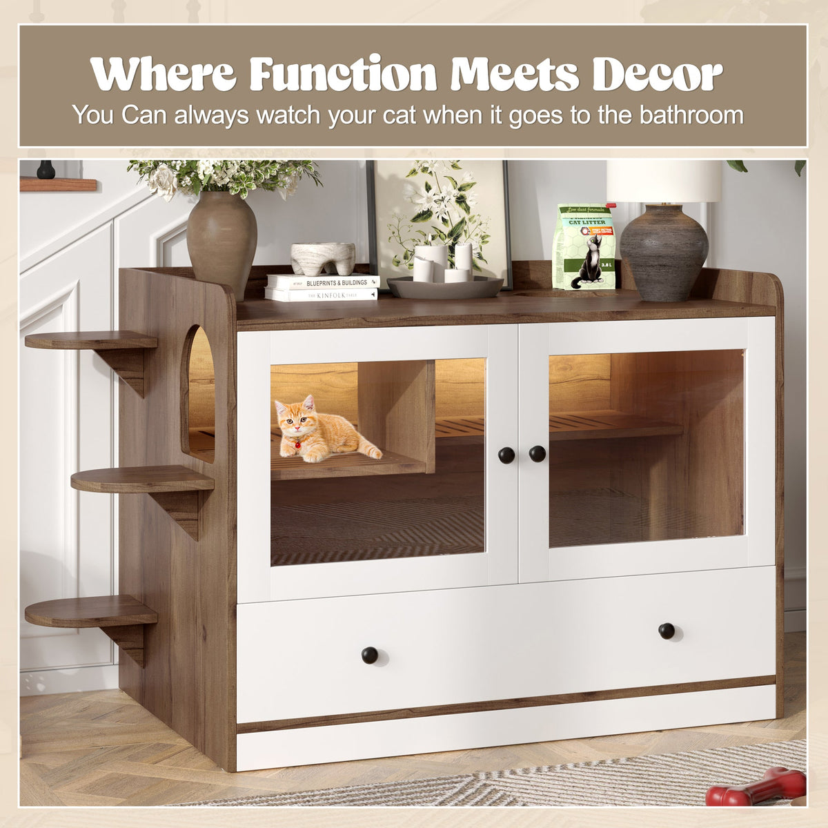 Roomfitters Luxury Cat Litter Box Enclosure Furniture Side Table Cabinet with Deep Cleaning Drawer White Brown Roomfitters