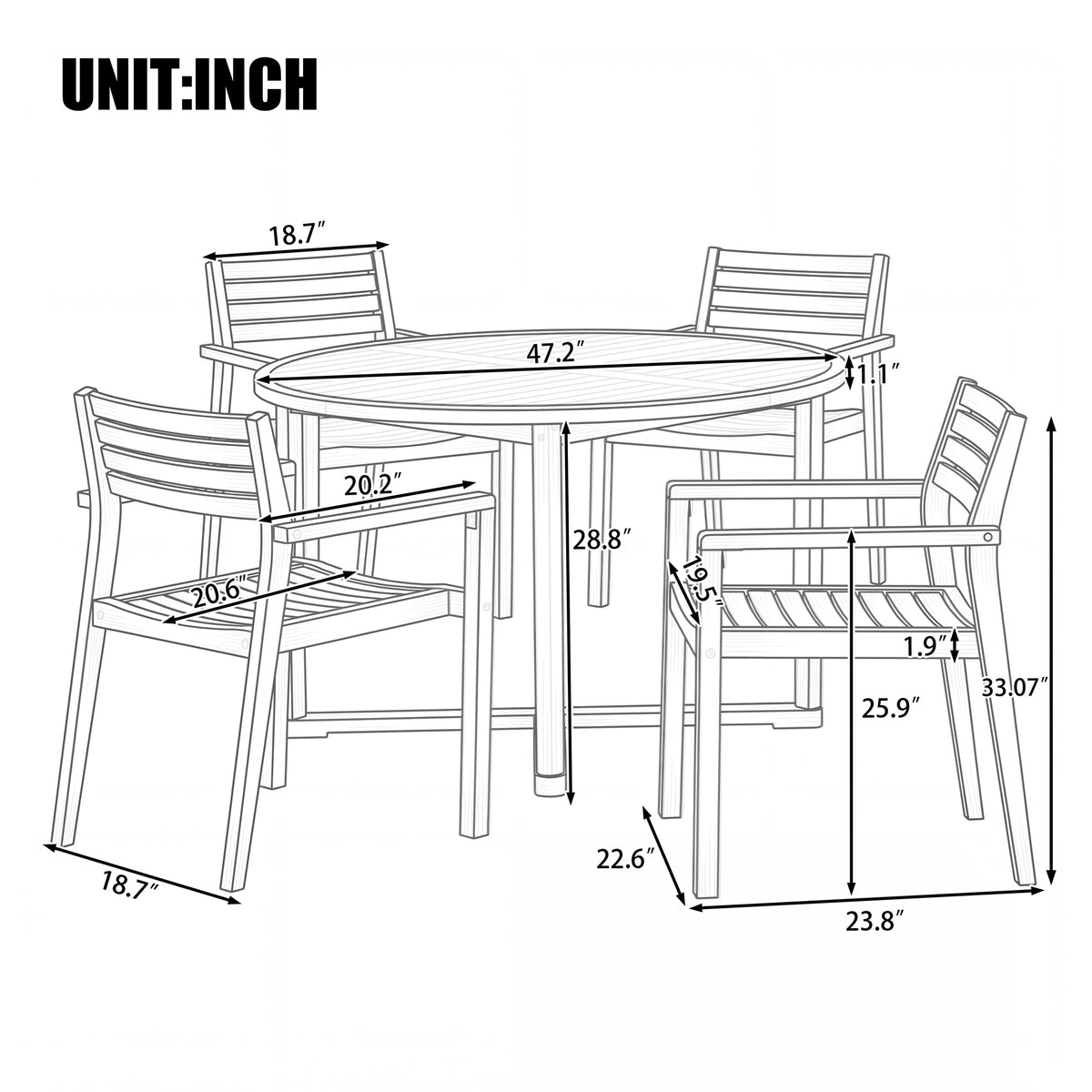 variant-group:rf-n711wy000475aao|Roomfitters 5-Piece Outdoor Dining Set for 4, 47.2-Inch Round Acacia Wood Table, Natural Brown Slatted Patio Group