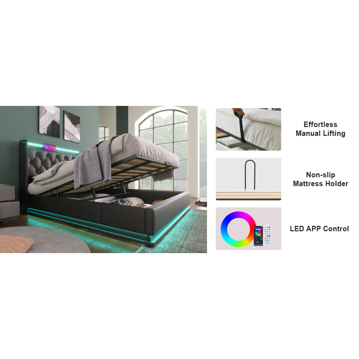 variant-group:rf-n736p188808b|Roomfitters King Size Upholstered Storage Bed with USB Type-C Charging and Remote Control, Faux Leather Black