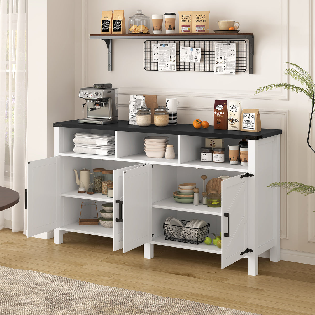 variant-group:rf-n711p347407k|Roomfitters 59" Sideboard Buffet Cabinet with 4 Door & Open Storage, Modern Farmhouse Industrial Coffee Bar Station, White+Black