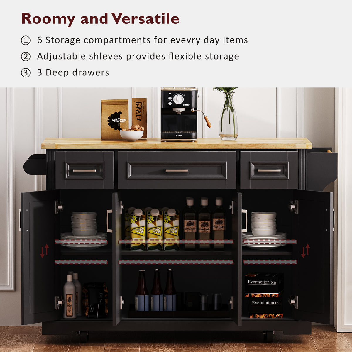 variant-group:rf-n707s195395b|Roomfitters 54" Kitchen Island with Wood Top, Rolling Storage Cabinet with 3 Drawers and 3 Doors, Spice Rack, Black