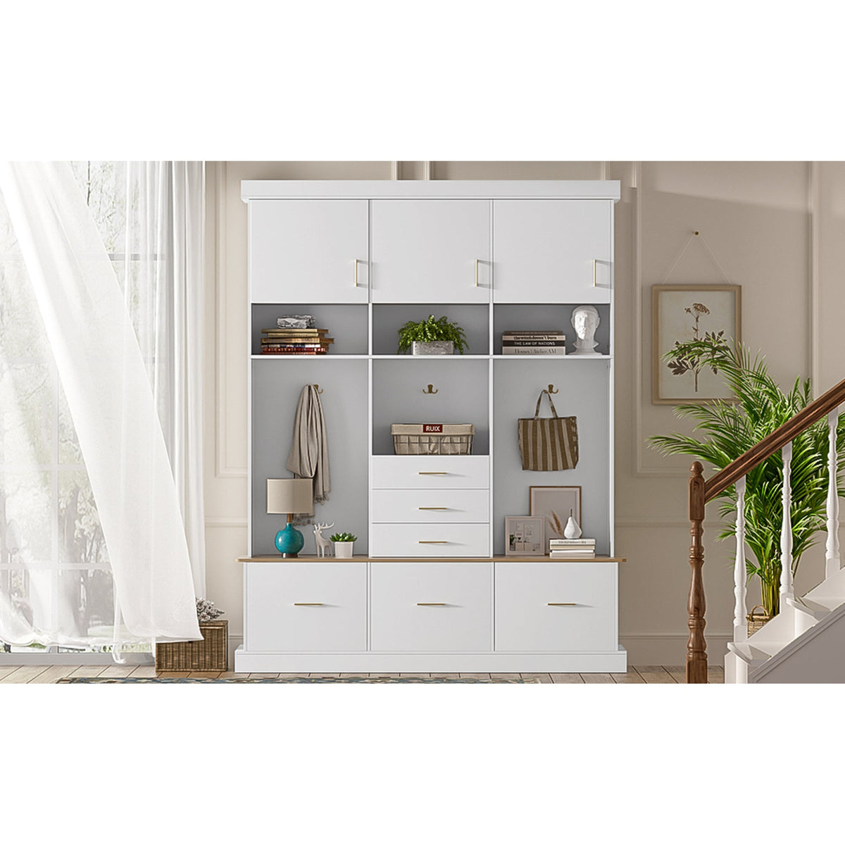 Roomfitters 5-in-1 Modern Entryway Hall Tree, 6 Drawers, 3 Wardrobe Cupboards, White Roomfitters