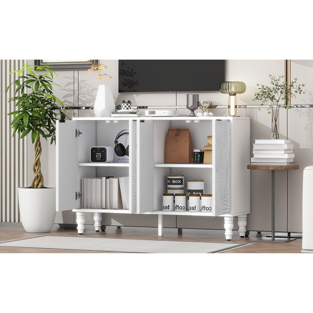 variant-group:rf-n724p233372k|Roomfitters Modern TV Stand for up to 43 Inch TV, Entertainment Console with Storage Compartments and Wood Legs, White