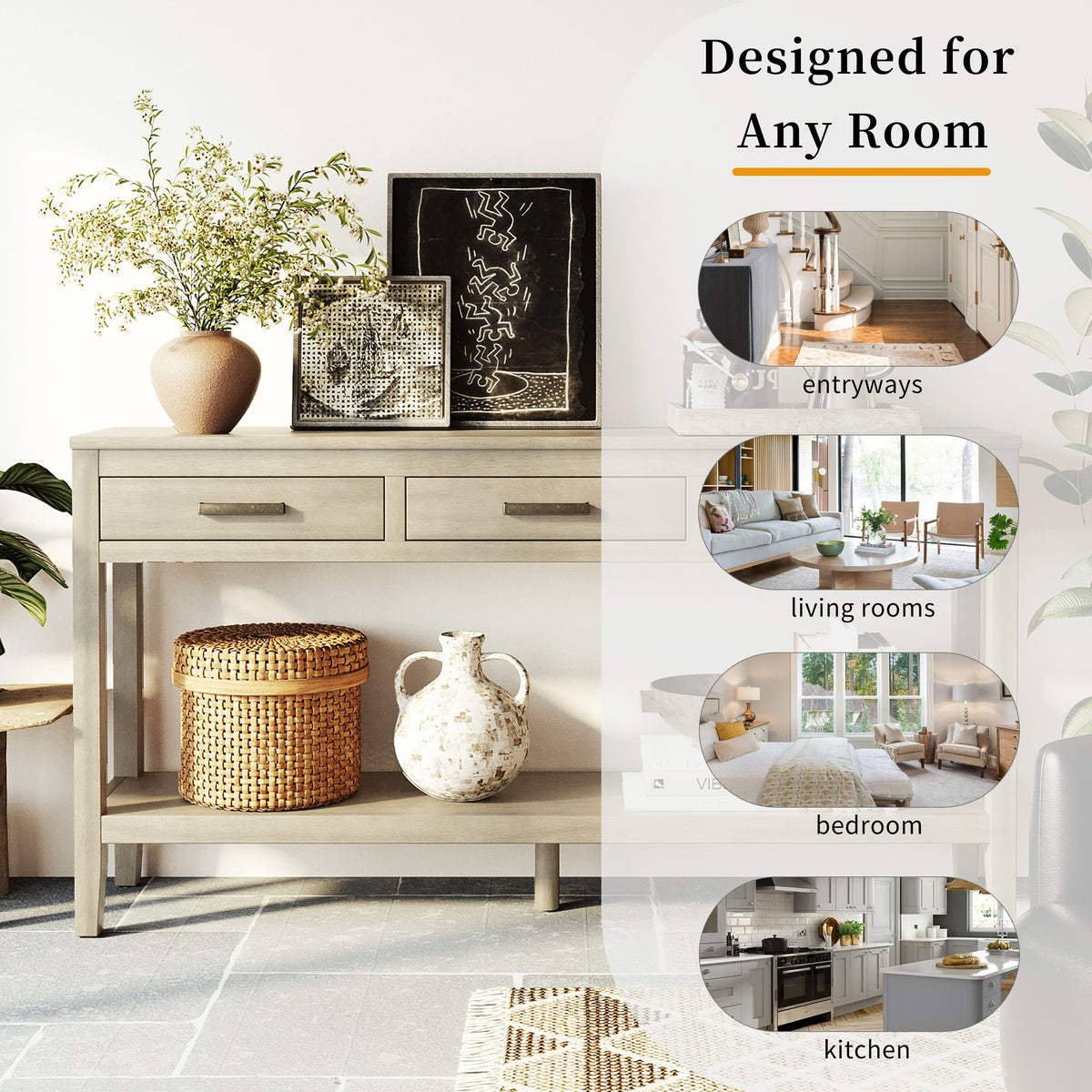 variant-group:rf-n711p410445e|Roomfitters 59.1" Farmhouse Entryway Table with 3 Drawers, Slim Console Sofa Table with Open Shelf for Hallway, Gray