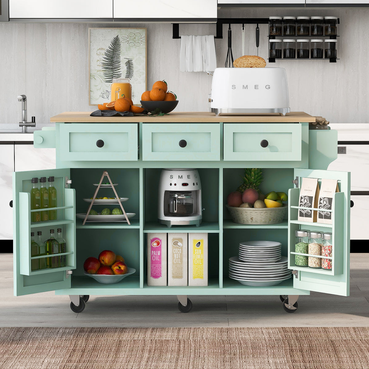 variant-group:rf-n707wf298028aae|Roomfitters Kitchen Cart with Rubber Wood Drop-Leaf Countertop, Cabinet Door Storage Racks, 5-Wheel Kitchen Island with Storage Cabinet & 3 Drawers, Mint Green