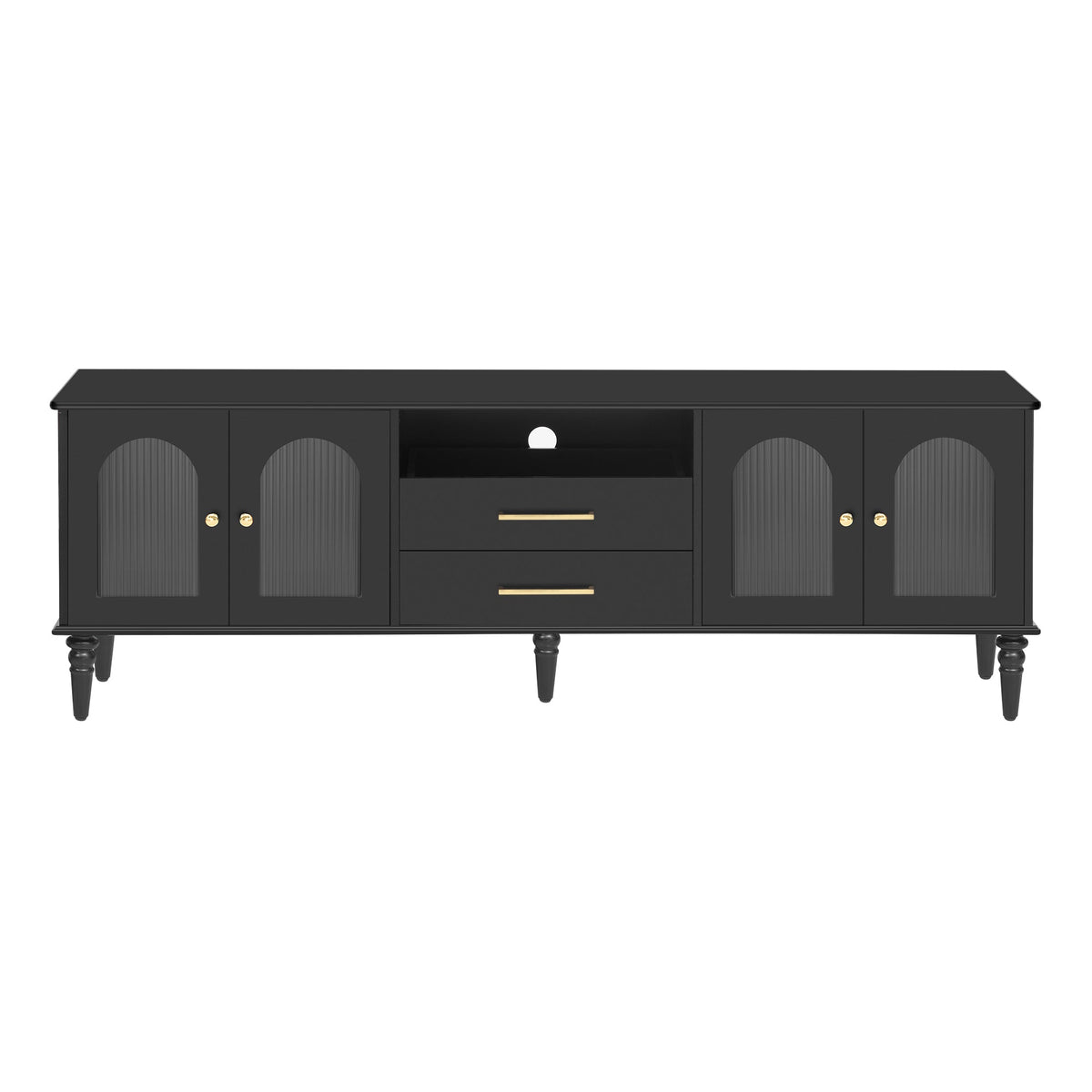 Roomfitters Retro TV Stand for up to 75 Inch TV, Fluted Glass Door Media Console with Five Wood Legs, Black Roomfitters