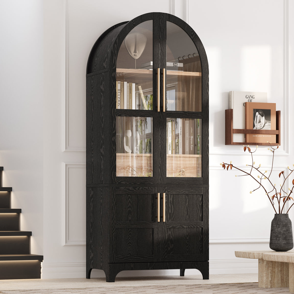 variant-group:rf-n707s288969b|Roomfitters 71" Pantry Cabinet with Arched Top & Glass Doors, 4-Door Storage Hutch with Adjustable Shelves for Kitchen, Black