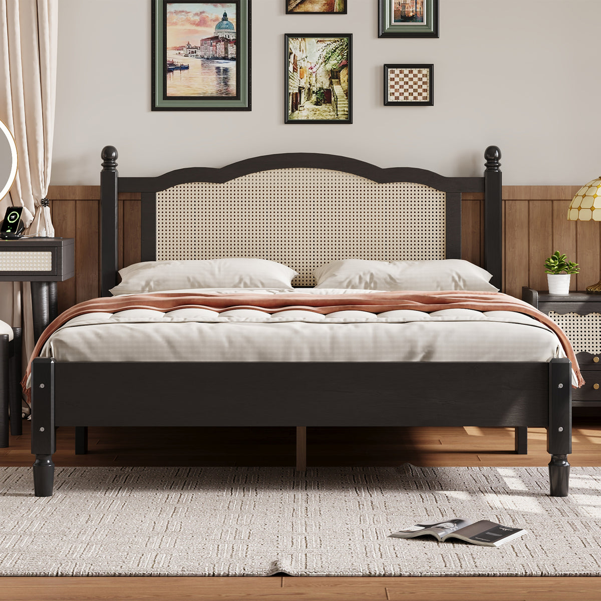 variant-group:rf-n733p180013b|Roomfitters Queen Size Wooden Platform Bed with Natural Rattan Headboard, Vintage-Inspired Bed Frame with Sturdy Wooden Slat Support for Timeless Elegance, Black