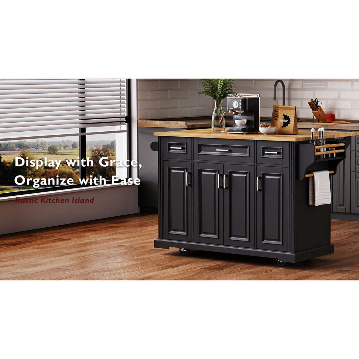 variant-group:rf-n707s195395b|Roomfitters 54" Kitchen Island with Wood Top, Rolling Storage Cabinet with 3 Drawers and 3 Doors, Spice Rack, Black