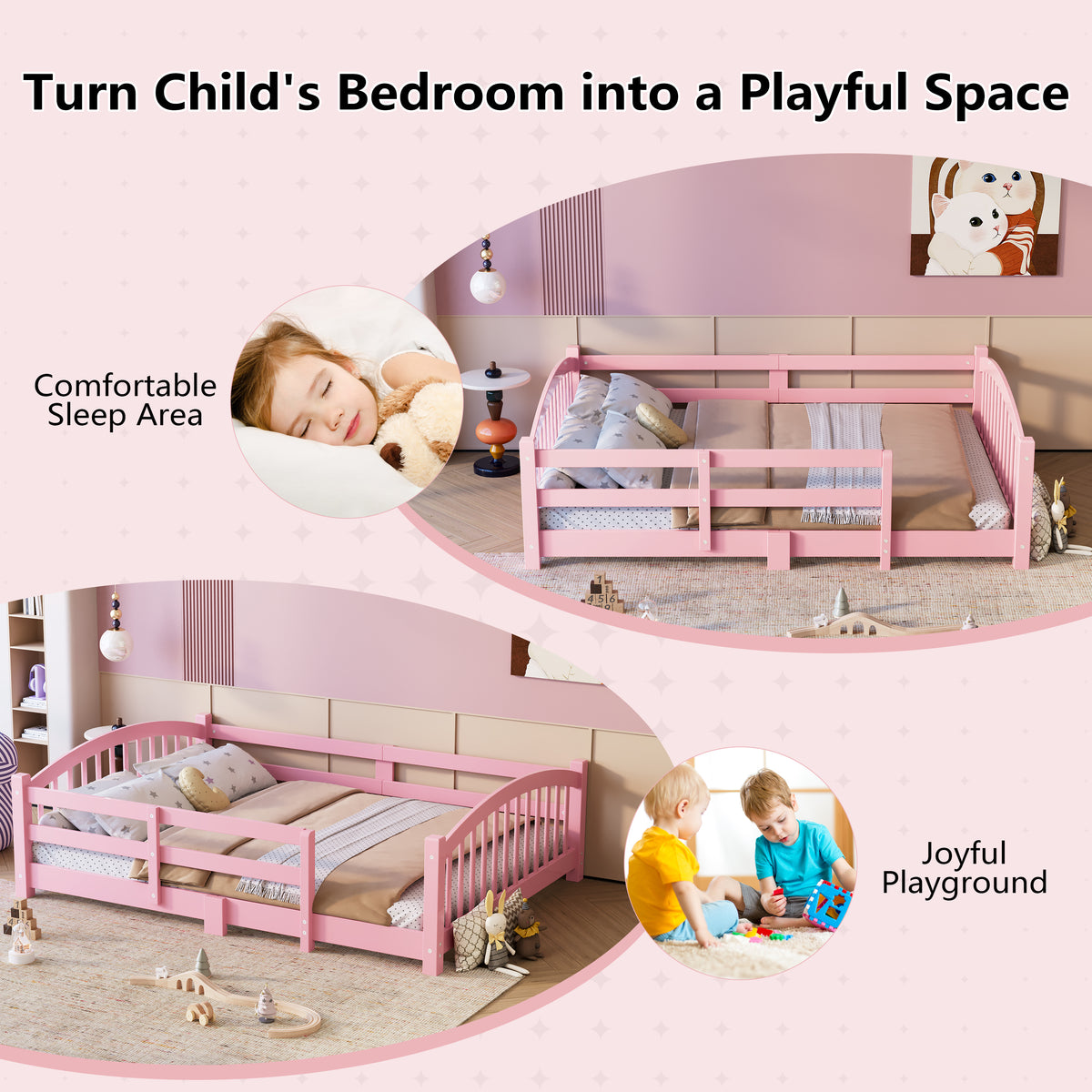 variant-group:rf-n733p400299h|Roomfitters Full Montessori Floor Bed with Guardrails, Solid Wood Low Platform Bed with Slats, Easy Assembly, Pink