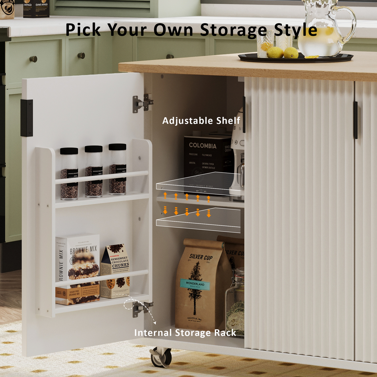 variant-group:rf-n707p221446w|Roomfitters 51" Fluted Kitchen Island with Drop Leaf, Rolling Cart with Storage Rack, Farmhouse Style, Towel Rack, White