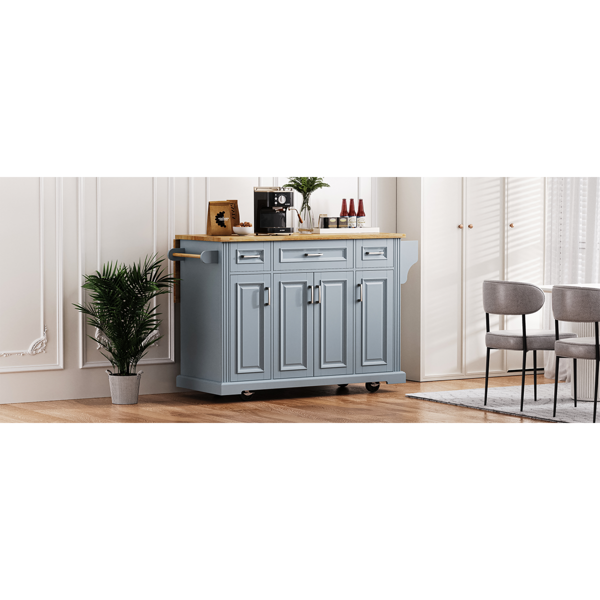 variant-group:rf-n707s195395g|Roomfitters 54" Kitchen Island with Wood Top, Rolling Storage Cabinet with 3 Drawers and 3 Doors, Spice Rack, Grey+Blue