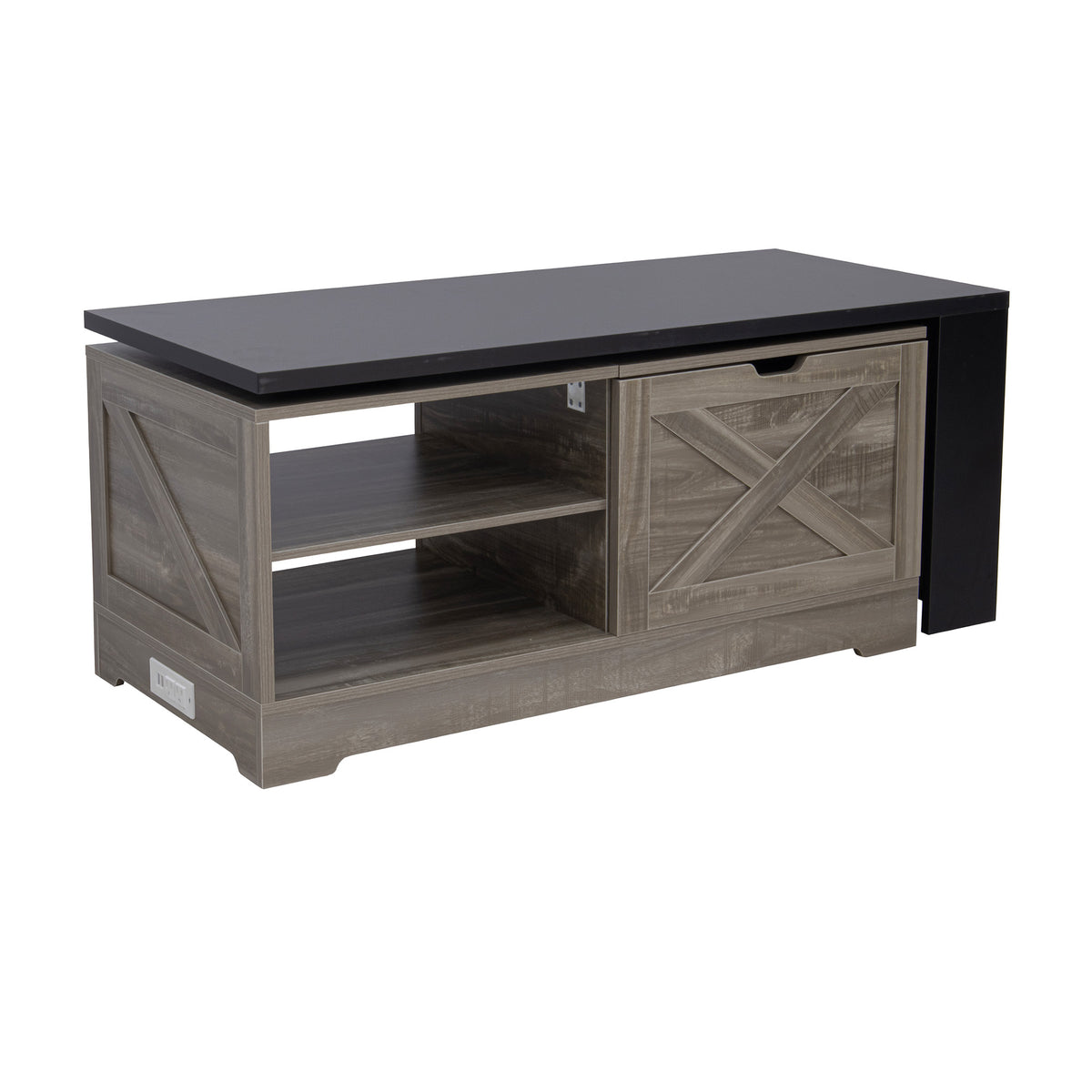 variant-group:rf-n724p351732e|Roomfitters Farmhouse Lift Top Coffee Table with Barn Doors and Outlets, Brown & Black
