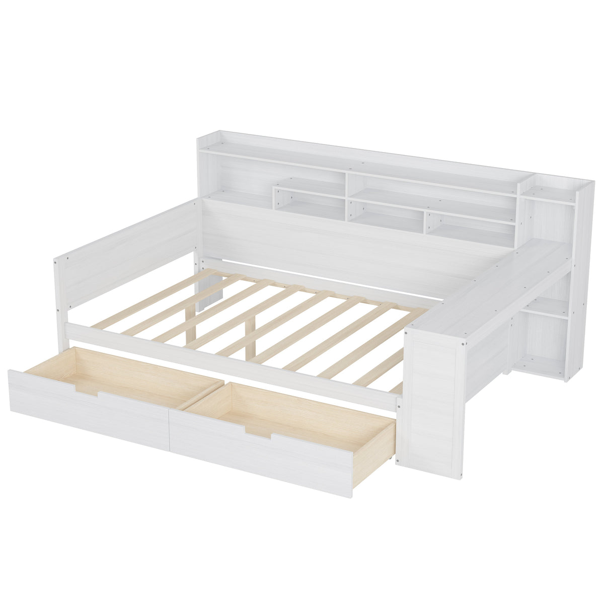 Roomfitters Full Daybed with Storage Shelves, Multi-Functional Bed with Drawers and Study Desk, Antique White