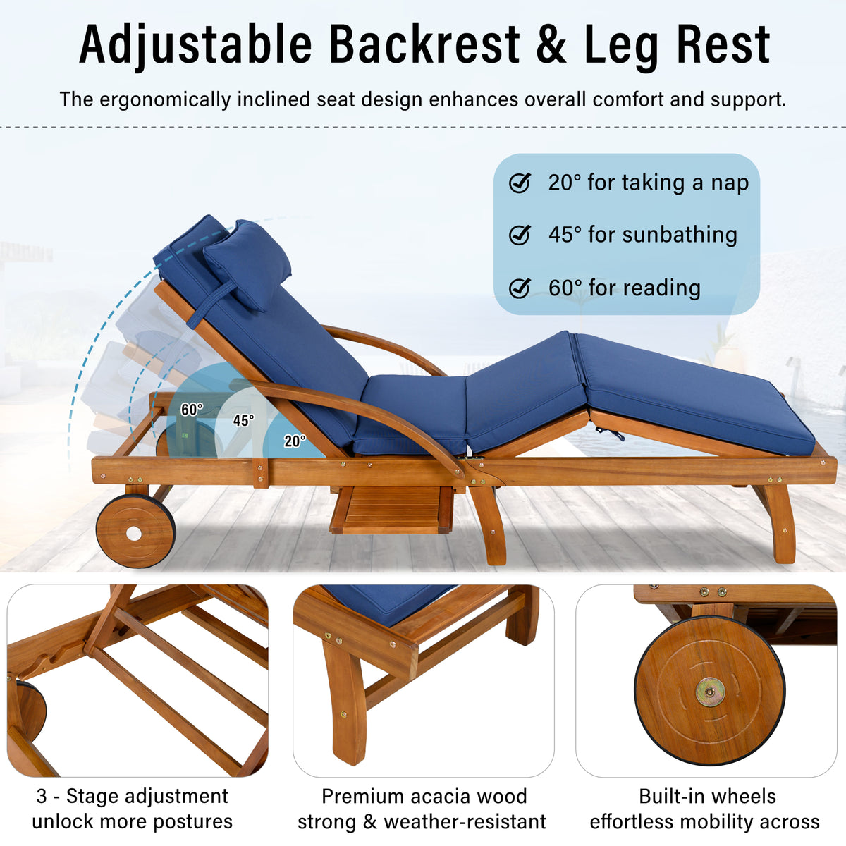 variant-group:rf-n711p415859c|Roomfitters Modern Resort Navy Blue Acacia Wood Outdoor Chaise Lounge Chair, Poolside Recliner, Retractable Tray