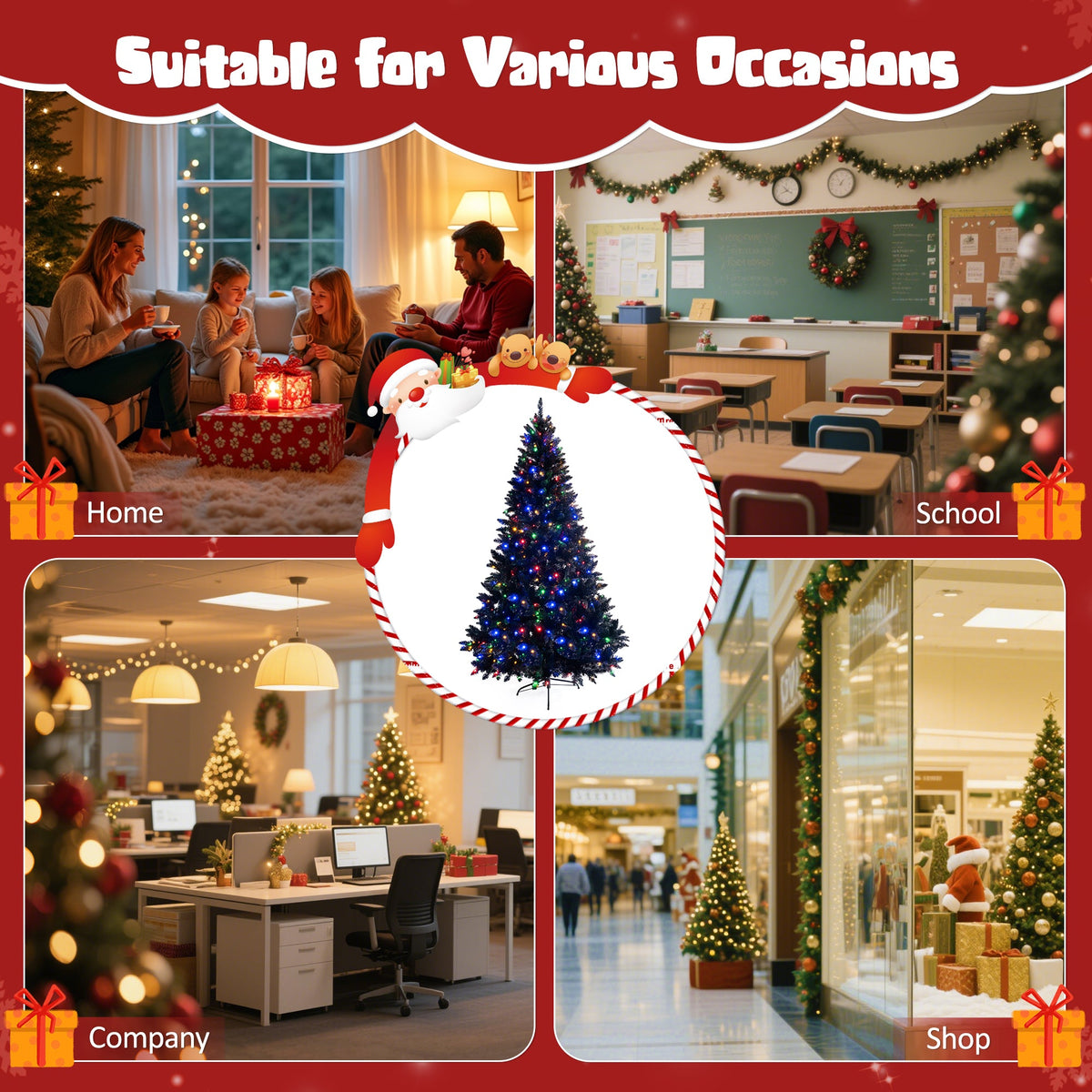 Roomfitters Pre-Lit Black Artificial Christmas Tree 6FT, Hinged Holiday Spruce Tree with 920 Tips and Color-Changing Lights Roomfitters