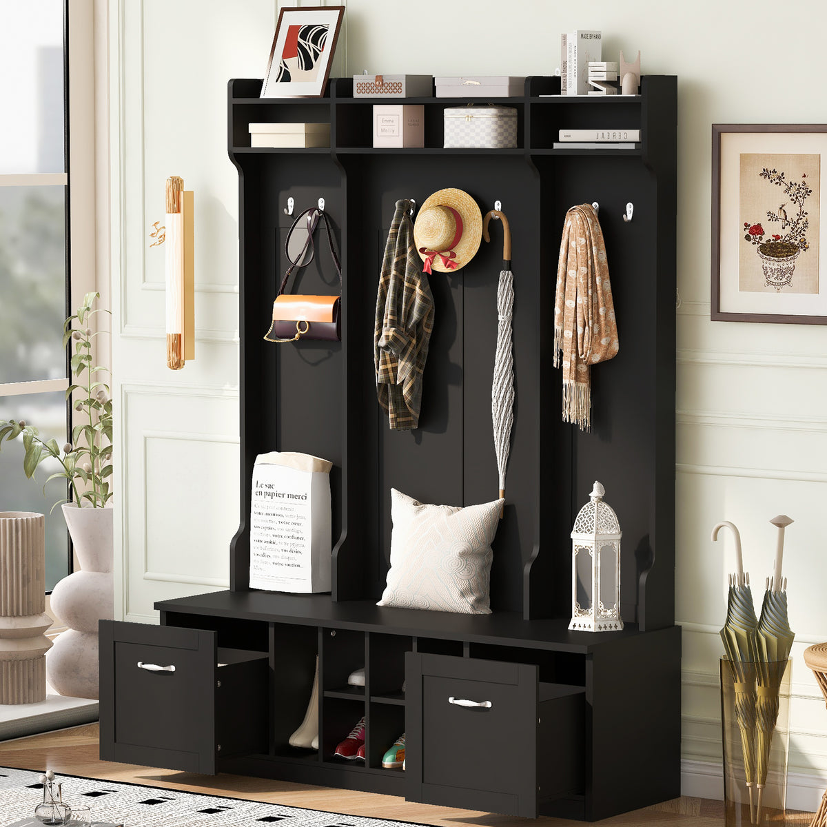 variant-group:rf-n724p235232b|Roomfitters 5-in-1 Entryway Bench with Coat Rack, Hooks, Drawers and Adjustable Shelves, Hall Tree for Hallway or Living Room, Black